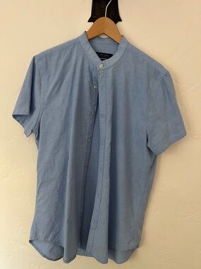 Zara Light Blue Short-Sleeve Band Collar Shirt
